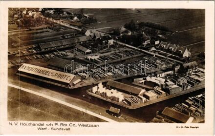 Westzaan, N. V. Houthandel v/h P. Rot Cz. Werf Sundsvall / timber yard, aerial view
