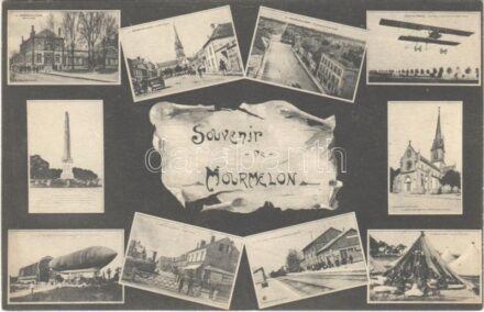1915 Mourmelon, Souvenir de Mourmelon / multi-view postcard with railway station, airship, aircraft, locomotive, etc.