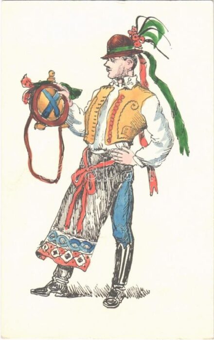 Magyar folklór művészlap / Hungarian folklore art postcard (gyűrődés / crease)