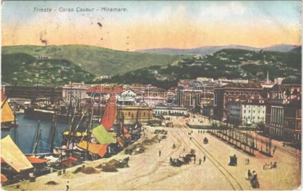 Trieste, Trieszt, Trst; Corso Cavour, Miramare / street view, port, fishing boats (EK)