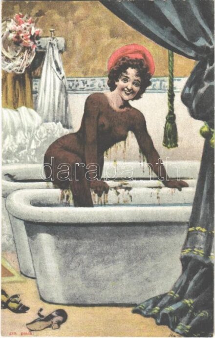 Erotic nude lady bathing at the mud spa. Heliokolorkarte von Ottmar Zieher (fl)