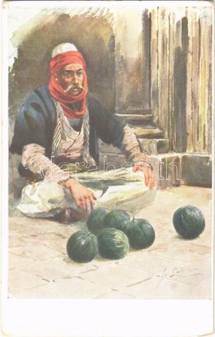 Types des environs de Raguse II. 6. Albanais vendant des pasteques / Albanian folklore in Dubrovnik (Ragusa), watermelon seller, art postcard s: J. Lalich (EK)