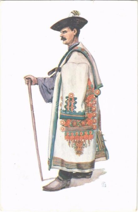 1933 Hortobágy, Gulyás cifraszűrben. Magyar folklór művészlap / Hungarian folklore, shepherd s: Csikós Tóth András (kis szakadás / small tear)