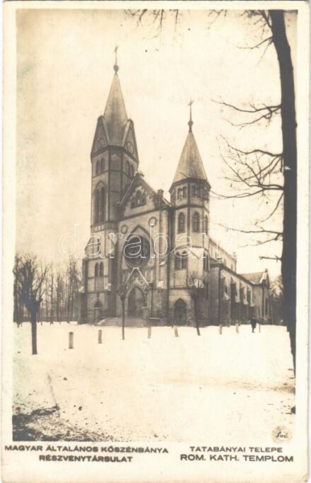 ~1920 Tatabánya, Magyar Általános Kőszénbánya Rt. telepe, római katolikus templom télen. photo