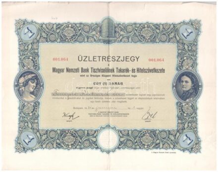 Budapest 1931. 'Magyar Nemzeti Bank Tisztviselőinek Takarék- és Hitelszövetkezete' névre szóló üzletrészjegye 40P-ről, szárazpecséttel, szelvényekkel T:III- szakadás, ly.