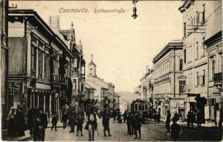 1916 Chernivtsi, Czernowitz, Cernauti, Csernyivci; Rathausstrasse, Apotheke / town hall's street, tram, pharmacy (EK)
