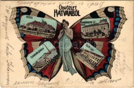 1905 Hatvan, Grassalkovich kastély, Takarékpénztár, Posta, Cukorgyár, Gőzmalom, Polgári iskola. Hoffmann M. L. kiadása. Szecessziós pillangós hölgy montázs művészlap / Art Nouveau butterfly lady montage art postcard (EK)