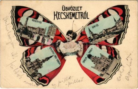 1905 Kecskemét, Kossuth tér, Deák tér, Római katolikus nagytemplom, Izraelita templom, zsinagóga. Komor Gyula kiadása. Szecessziós pillangós hölgy montázs művészlap / Art Nouveau butterfly lady montage art postcard, synagogue (r)