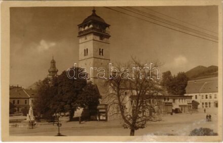 Rozsnyó, Roznava; Rákóczi őrtorony, Gróf Andrássy Dénesné (Franciska grófnő) szobor, cukrászda / watch tower, statue, confectionery