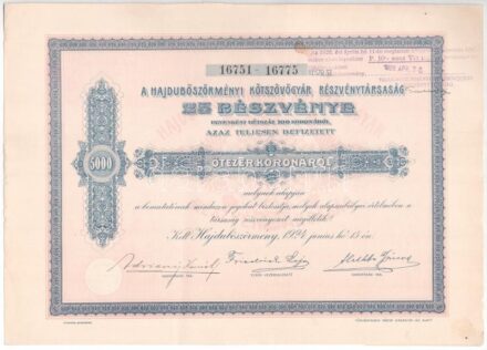 Hajdúböszörmény 1924. 'Hajdúböszörményi Kötszövőgyár Részvénytársaság' huszonöt részvénye egyben 5000K-ról néhány szelvények, felülbélyegzésekkel T:I-