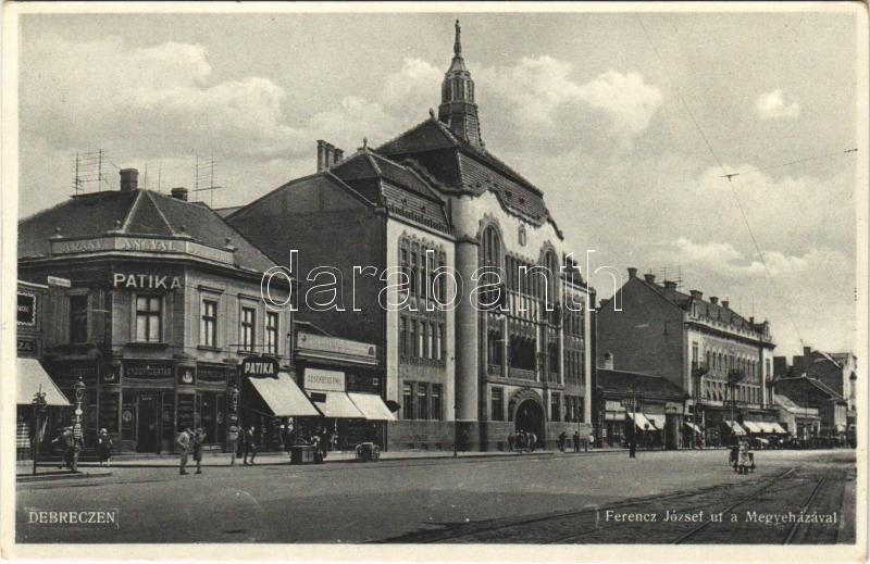 1931 Debrecen, Ferenc József út, Megyeháza, Arany Angyal gyógyszertár, patika, Rosenberg Emil üzlete
