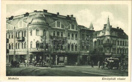 1928 Miskolc, Királyhídi részlet, Pataky Rudolf, Dévényi Testvérek üzlete, Dr. Vajda fogorvos rendelője, automobil. Móriczné N. Lenke felvétele