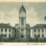 1929 Vecsés, Római katolikus templom, zárda és iskola + 'BUDAPEST - DEBRECZEN - CSAP 19 D' vasúti mozgóposta bélyegző (EK)