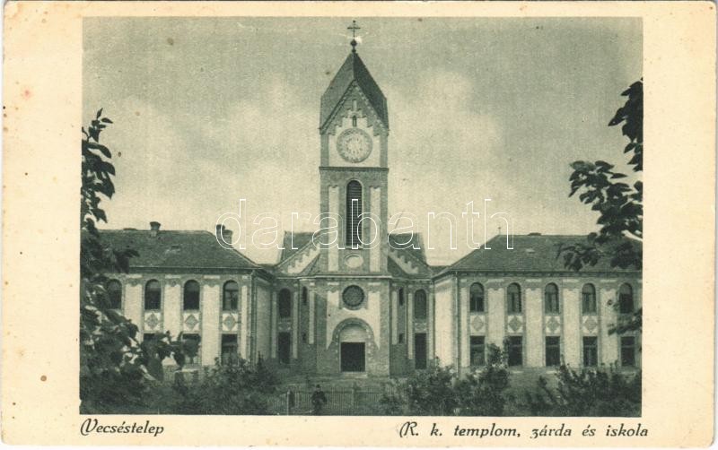 1929 Vecsés, Római katolikus templom, zárda és iskola + 'BUDAPEST - DEBRECZEN - CSAP 19 D' vasúti mozgóposta bélyegző (EK)