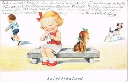 1932 Szívfájdalom / Children art postcard, heartbreak. WSSB 8457. s: John Wills + 'NAGYKANIZSA - ÚJDOMBÓVÁR 44' vasúti mozgóposta bélyegző