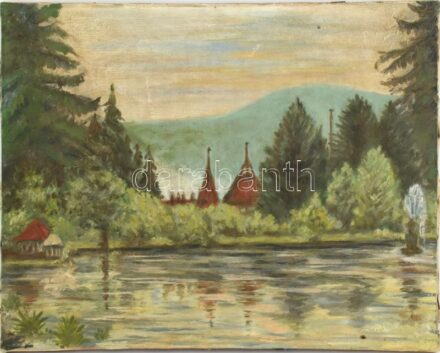 Jelzés nélkül: Alkonyat a tóparton. Olaj, vászon. 40×50 cm