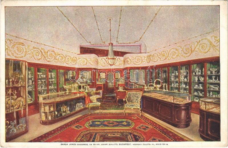 1915 Budapest V. Sárga János ékszerész és műötvös cs. és kir. udv. szállító központi üzlete, belső. Kígyó tér 5.