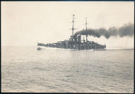 cca 1914-1918 SMS Tegetthoff, az Osztrák-Magyar Császári és Királyi Haditengerészet (k.u.k. Kriegsmarine) Tegetthoff-osztályú dreadnought csatahajója (Schlachtschiff) próbameneten, a hátoldalán feliratozott fotó, 10x14 cm/ cca