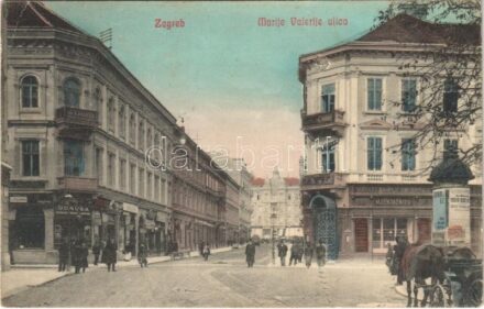 1910 Zagreb, Zágráb; Marije Valerije ulica, Udruga, Mjenjacnica, Hrvatska Pucka Banka, Austrijski Phönix, Dr. A. Padelic / street, bank, shops / utca, bank, üzletek + 'FIUME-ZÁGRÁB 64. SZ.' mozgóposta (fl)