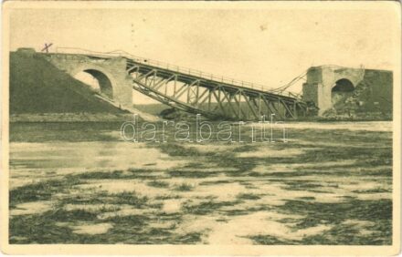 Weltkrieg 1914-1916. Gesprengte Eisenbahnbrücke am Strypa-Fluss / Vyhozeny zeleznicní most na Rece Strype 1915 / WWI Austro-Hungarian K.u.K. military, blown-up bridge over River Strypa. Feldpostkarte + 'TÁBORI POSTA 290'