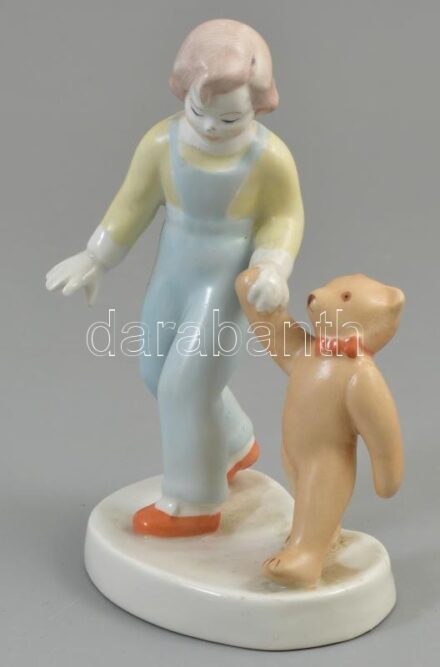 Aquincumi porcelán macis kislány figura, jelzett, kézzel festett, hibátlan m:15cm