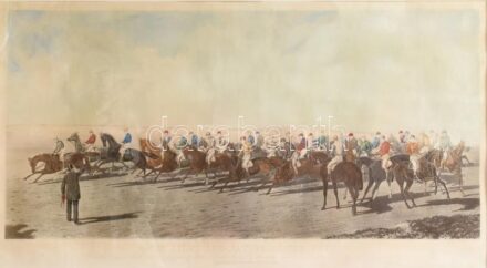 cca 1860-70 J. Summers metszése, Ben Herring (1830-1871) festménye után: The Silks and Satins of the Turf (lovassport metszet). Színezett rézmetszet, papír. Jelzett a metszet alatt nyomtatva. Lap szélén kisebb restaurált sérülésekkel,