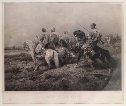 Adolf Schreyer (1828-1899) festménye után: Arab előörs (Avant poste arabe), 1880. Photogravűr, papír. Jelzett a metszet alatt nyomtatva. Goupil & Cie kiadása. Lap kissé foltos. Üvegezett fa keretben. 60×71 cm / After a painting by