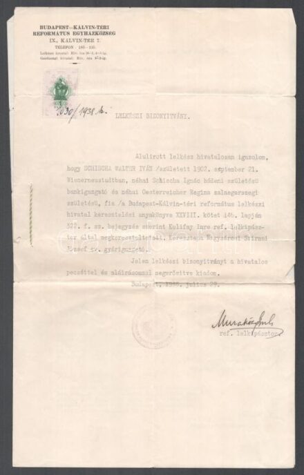 1938 Kálvin téri Református egyházközség Lelkészi bizonyítvány + Hiteles német fordítása