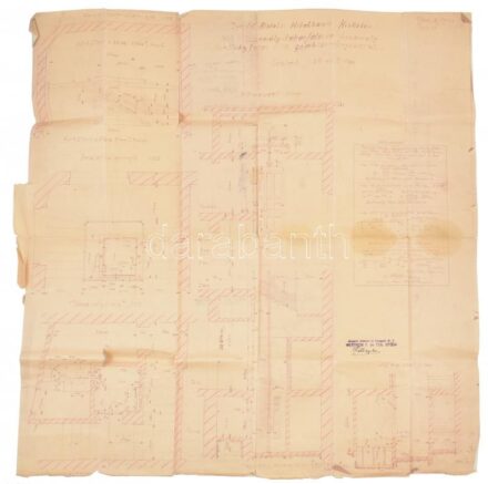 cca 1930-1931 Borsod-Miskolczi Hitelbank épületének villamos személy-teherfelvonó építéséhez készült tervrajza, Magyar Felvonó és Gépgyár Rt., bejegyzésekkel, pecsétekkel, hajtott, szakadt, 68x64 cm