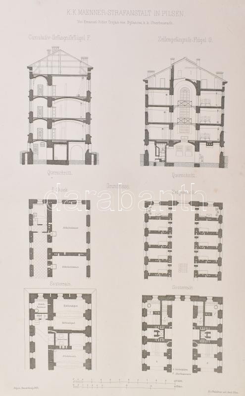 1881 A Pilseni férfi bortön tervrajzai 5 db nagy méretű tábla. / Plan of the men's prison in Plsen 60x44 cm - Image 2