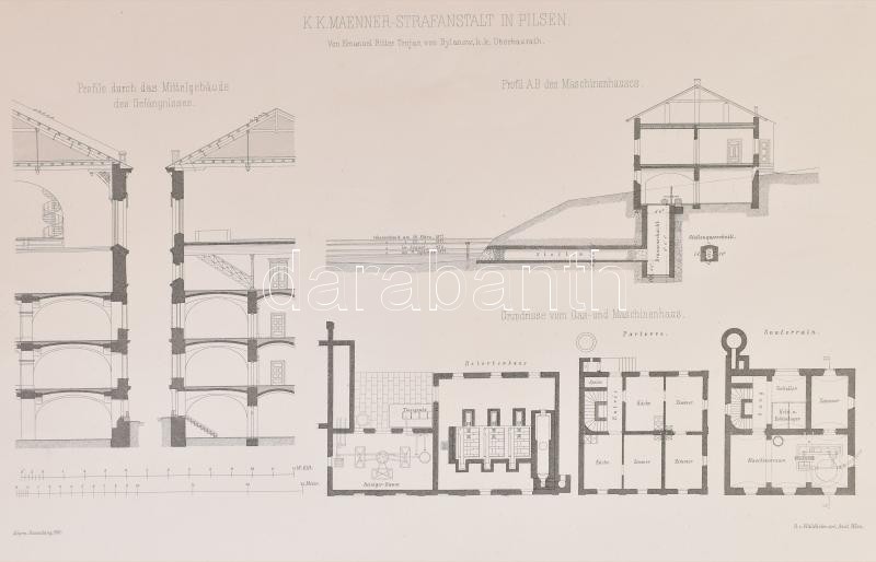 1881 A Pilseni férfi bortön tervrajzai 5 db nagy méretű tábla. / Plan of the men's prison in Plsen 60x44 cm - Image 4