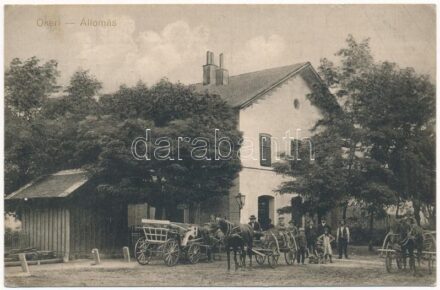 1914 Ókér, Okeri, Altker, Zmajevo; vasútállomás, lovaskocsik. Wolf fényképész kiadása / railway station, horse carts (EK)