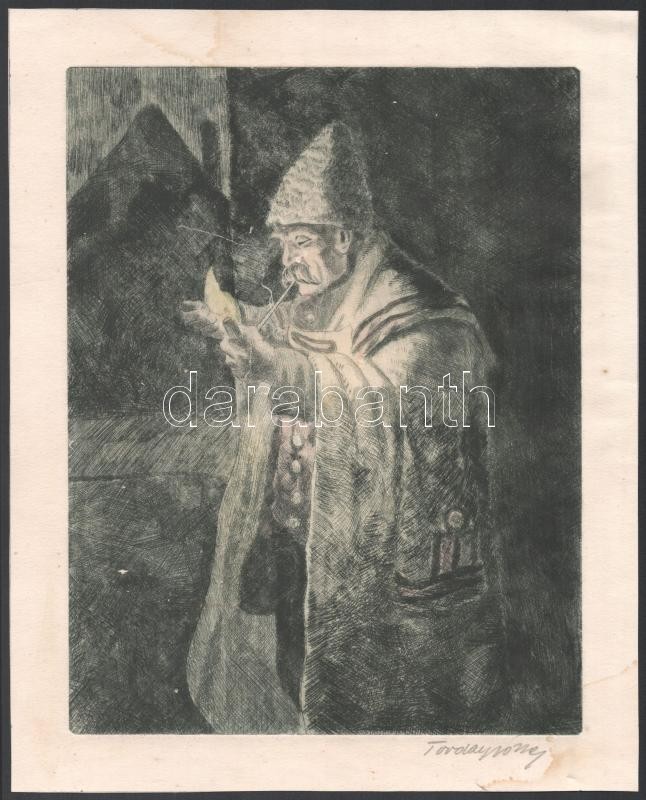 Torday jelzéssel: Pipázó juhász, rézkarc, papír, foltos, 23x18 cm