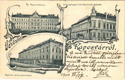 1900 Kaposvár, Új főgimnázium, Államvasúti tápintézet, Somogymegyei takarékpénztár épülete. Hagelman Károly Art Nouveau