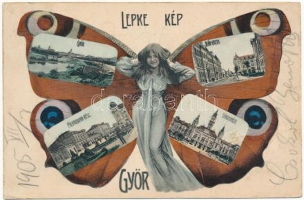 1905 Győr, látkép, Deák utca, Vasútállomás, Pályaudvar, Városháza. Kiadja Berecz Viktor. 'Lepke-kép' Szecessziós pillangós hölgy montázs művészlap / Art Nouveau butterfly lady montage art postcard (fl)