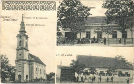 1909 Őrszállás, Stanisic, Stanica; Görögkeleti templom, Takarékpénztári épület, Görögkeleti paplak. Frida és Társa kiadása / Orthodox church and rectory, savings bank (fl)