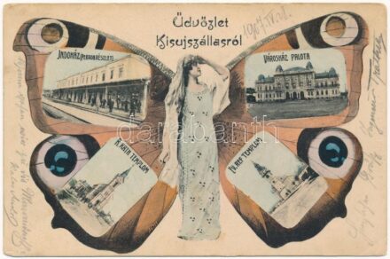 1907 Kisújszállás, Indóház (peron részlet), Vasútállomás, Római katolikus templom, Református templom, Városháza. Kis Lajos kiadása. Szecessziós pillangós hölgy montázs művészlap / Art Nouveau butterfly lady montage art postcard