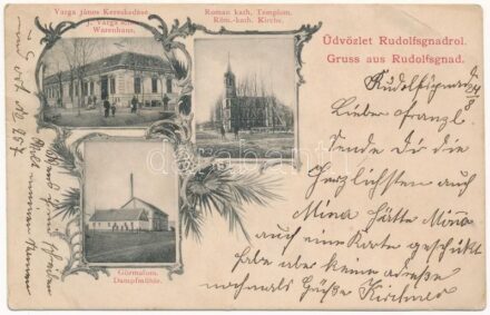 1906 Rezsőháza, Rudolfsgnad, Knicanin; J. Varga'sches Warenhaus, Röm.-kath. Kirche, Dampfmühle / Római katolikus templom, Gőzmalom, Varga János üzlete / Catholic church, steam mill, shop. Art Nouveau, floral (EB)