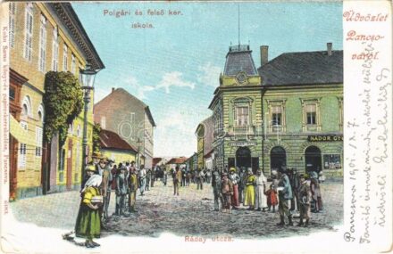 1901 Pancsova, Pancevo; Ráday utca, Polgári és felső kereskedelmi iskola, Stimler Otto, Nádor üzlete. Kohn Samu kiadása / street view, school, shops (EK)