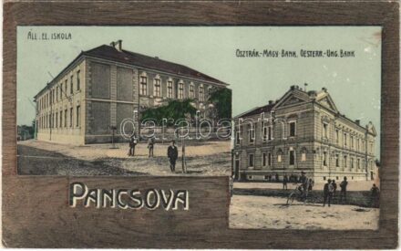 1915 Pancsova, Pancevo; Állami elemi iskola, Osztrák-Magyar Bank, kerékpár. Kohn Samu kiadása / elementary school, Austro-Hungarian Bank, bicycle (EK)