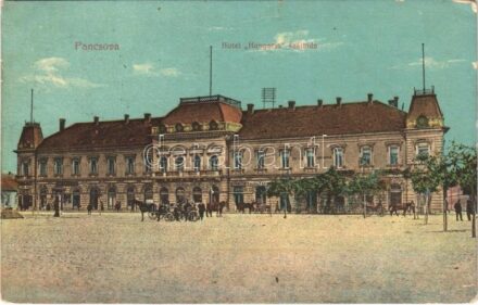1911 Pancsova, Pancevo; Hotel Hungária szálloda, Snalcz Vilmos, Rudolf, Nádor Gyula, Lang Ádám üzlete. Horovitz Adolf és Fia kiadása / hotel, shops (szakadás / tear)