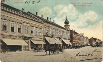 1909 Pancsova, Pancevo; Erzsébet tér, Hornung Peter üzlete. Kohn Samu kiadása / square, shops (r)