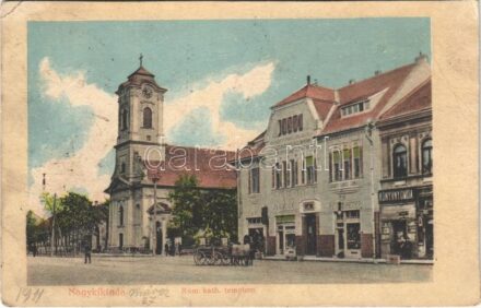 1911 Nagykikinda, Kikinda; Római katolikus templom, Közgazdasági Bank, Pentz Péter üzlete. Wolf Józsefné utóda kiadása / Catholic church, bank, shops (r)