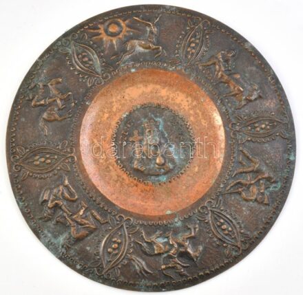 Fali bronz tál, Szent István képmásával, kopott, d: 22cm