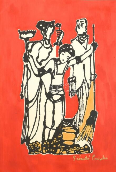 Szántó Piroska (1913-1998): Trió. Vegyes technika, papír, jelzett. Üvegezett fa keretben. 43,5×31 cm / Mixed technique on paper, signed, framed with glass.
