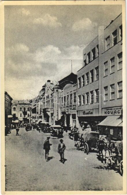 1937 Ungvár, Uzshorod, Uzhhorod, Uzhorod; Hotel Koruna, Ulice Dra Al. Rasína / Korona szálloda, Bata, Kovács üzlete, automobilok / hotel, shops, automobiles (EK)