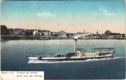 1916 Bród, Nagyrév, Slavonski Brod, Brod na Savi; Pogled sa mosta / Blick von der Brücke / látkép a hídról, 'DRINA' gőzhajó. Izidor Steiner kiadása / view from the bridge, steamship (EB)