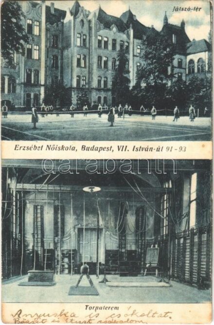 1923 Budapest XIV. Erzsébet Nőiskola, Játszótér, teniszpálya, Tornaterem, belső. István út 91-93. Kakody M. kiadása (fl)