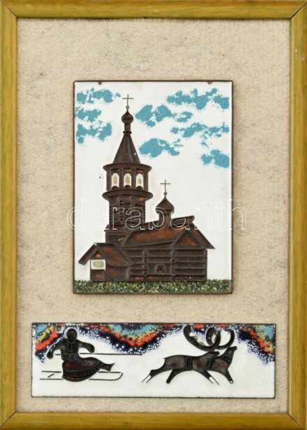 Templom és Mikulás szánja, falikép, zománcozott fém, jelzés nélkül, keretben, külső méret: 32x23 cm