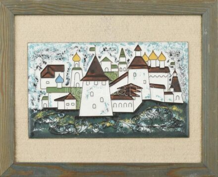 Óváros erőddel, falikép, zománcozott fém, jelzés nélkül, keretben, külső méret: 34x28 cm